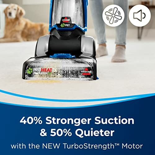 Carpet cleaner with stronger suction and quieter motor, ideal for pet owners.