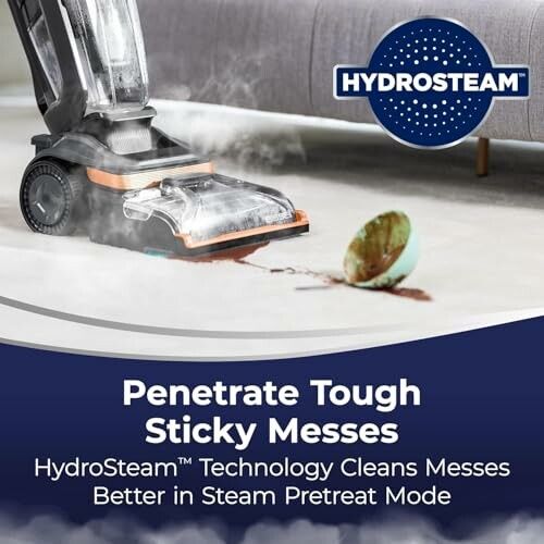 HydroSteam vacuum cleaning a spilled mess on carpet.