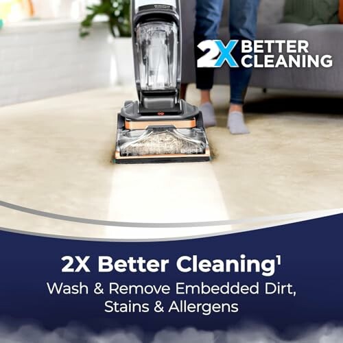 Vacuum cleaner demonstrating 2X better cleaning on carpet.