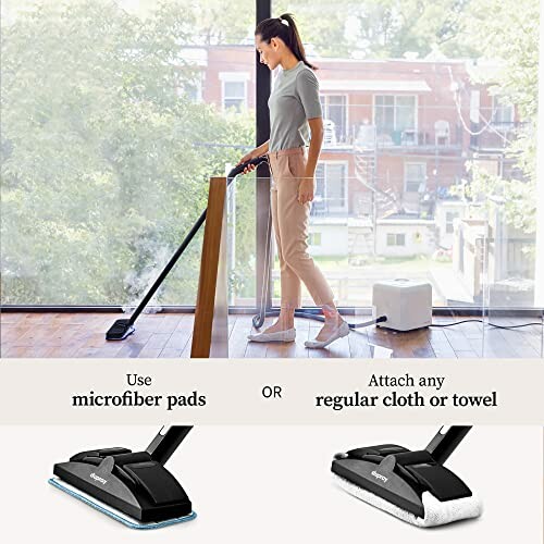 Person using a vacuum cleaner with microfiber pad option.